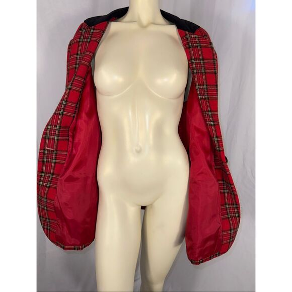 Vintage Sag Harbor Red Plaid Wool Blend Blazer with Black Velvet Collar – Size 1 - Picture 9 of 16
